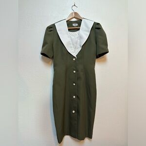 Vintage Made in USA Tailored Olive Dress with White Collar, Pearl/Gold buttons